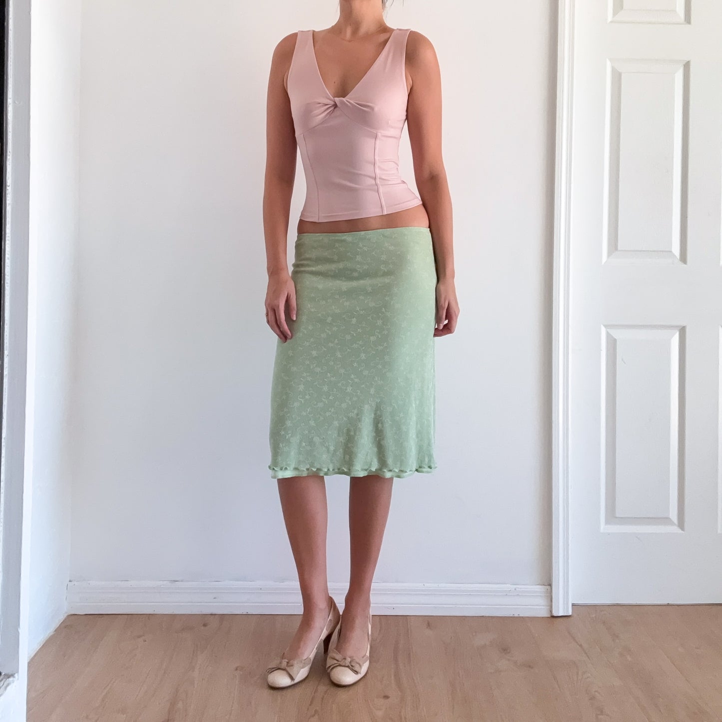 Y2K Sage Green Printed Midi Skirt / SZ S/M