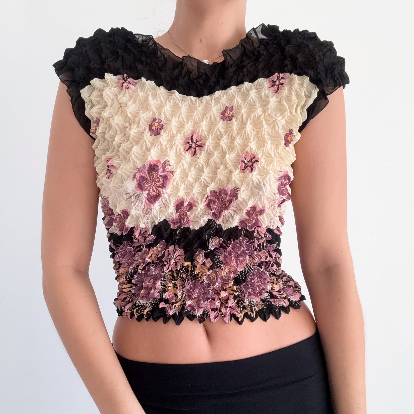 Y2K Cream & Purple Popcorn Pleat Top / One Size