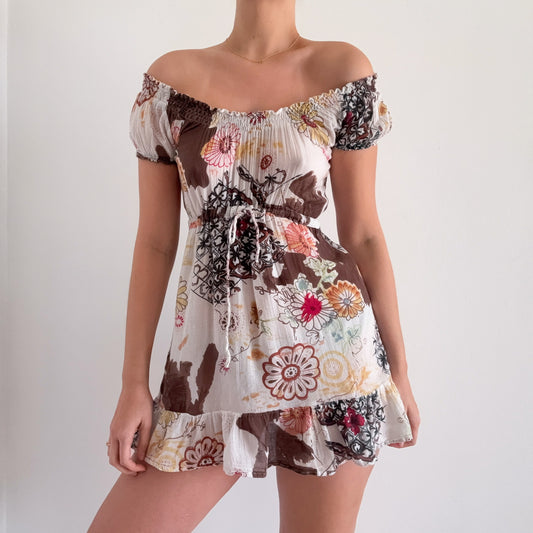 Y2K White & Brown Floral Cotton Mini Dress / SZ XS-S