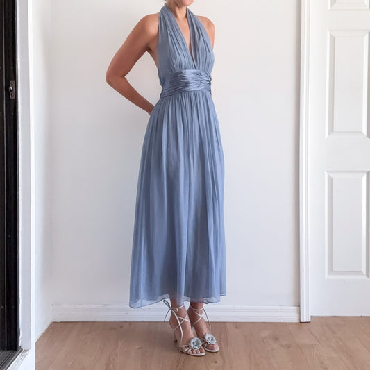 Y2K Powder Blue Silk Halter Maxi Dress / SZ 6/8