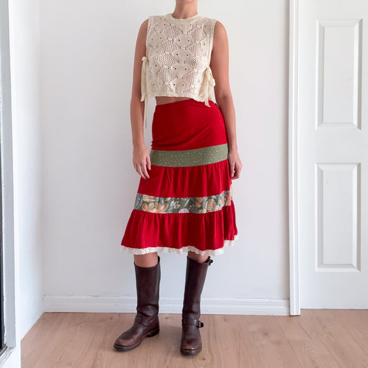 70's Burnt Orange Patchwork Midi Skirt / SZ XS-S