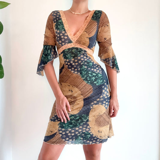 Y2K Tan & Navy Printed Mesh Dress / SZ S-M