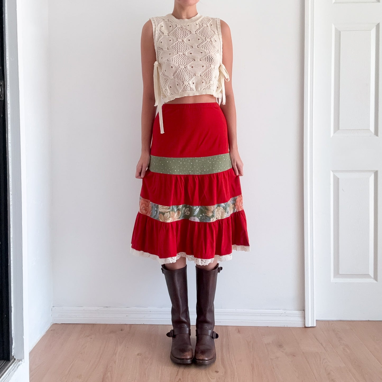 70's Burnt Orange Patchwork Midi Skirt / SZ XS-S