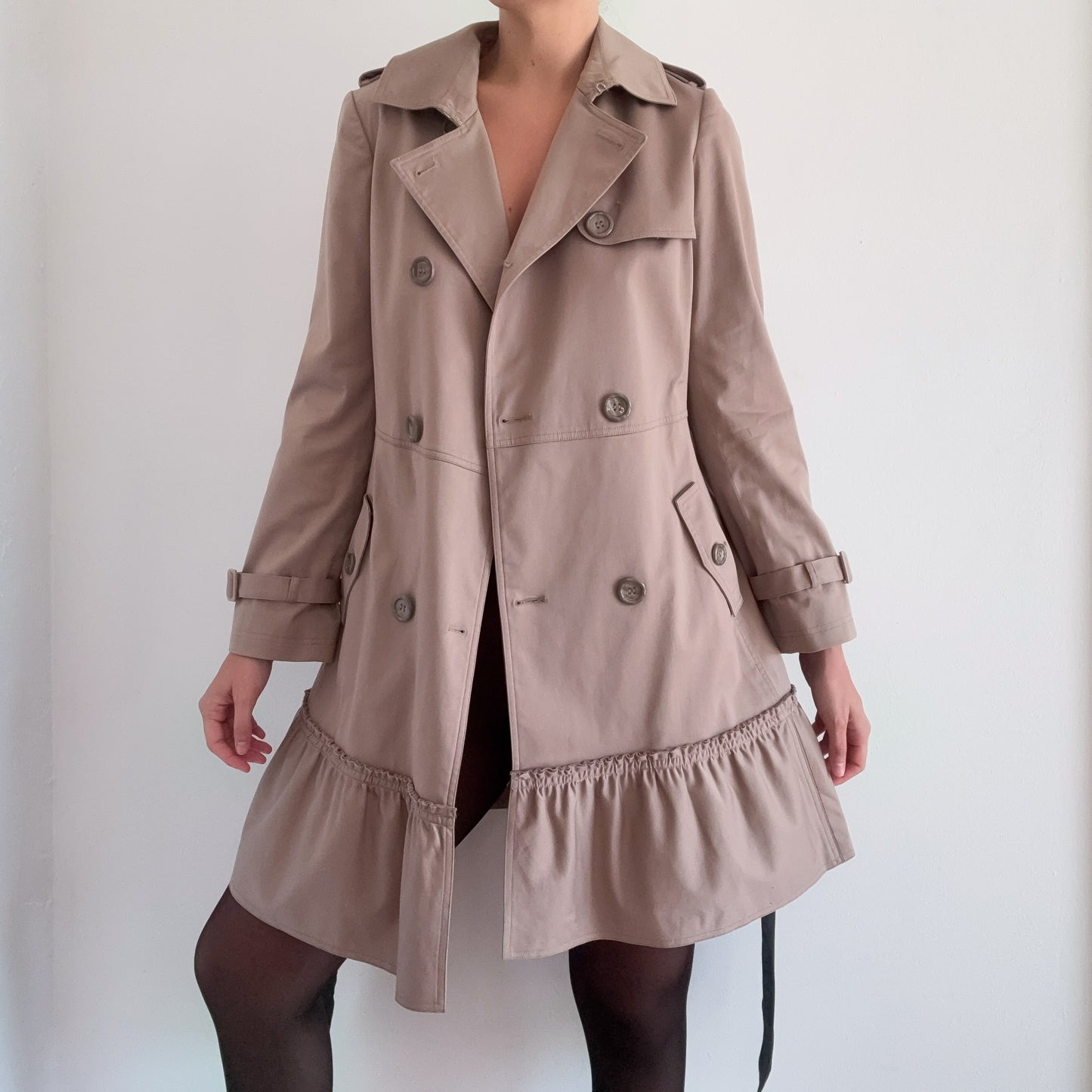 Y2K Taupe Ruffle Tie Trench Coat / SZ 4