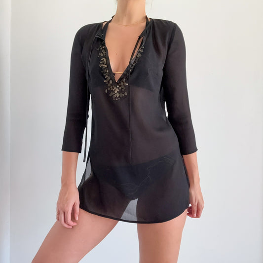 Y2K Black Beaded Swim Coverup / SZ XS/S