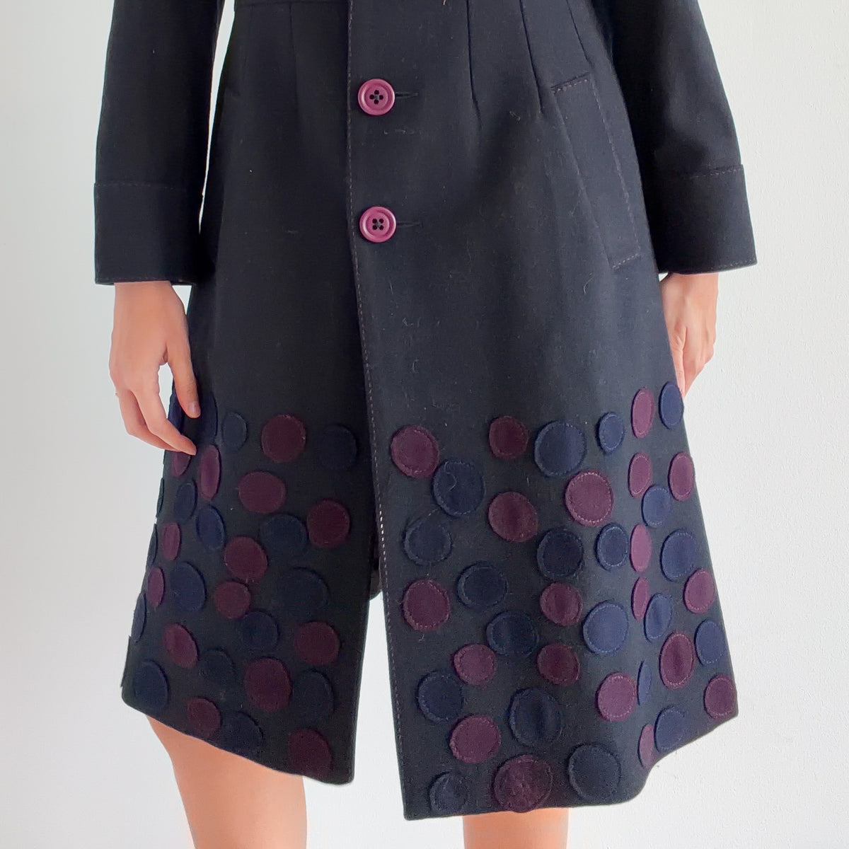 Y2K Black & Purple Polka Dot Wool Coat / SZ M/L