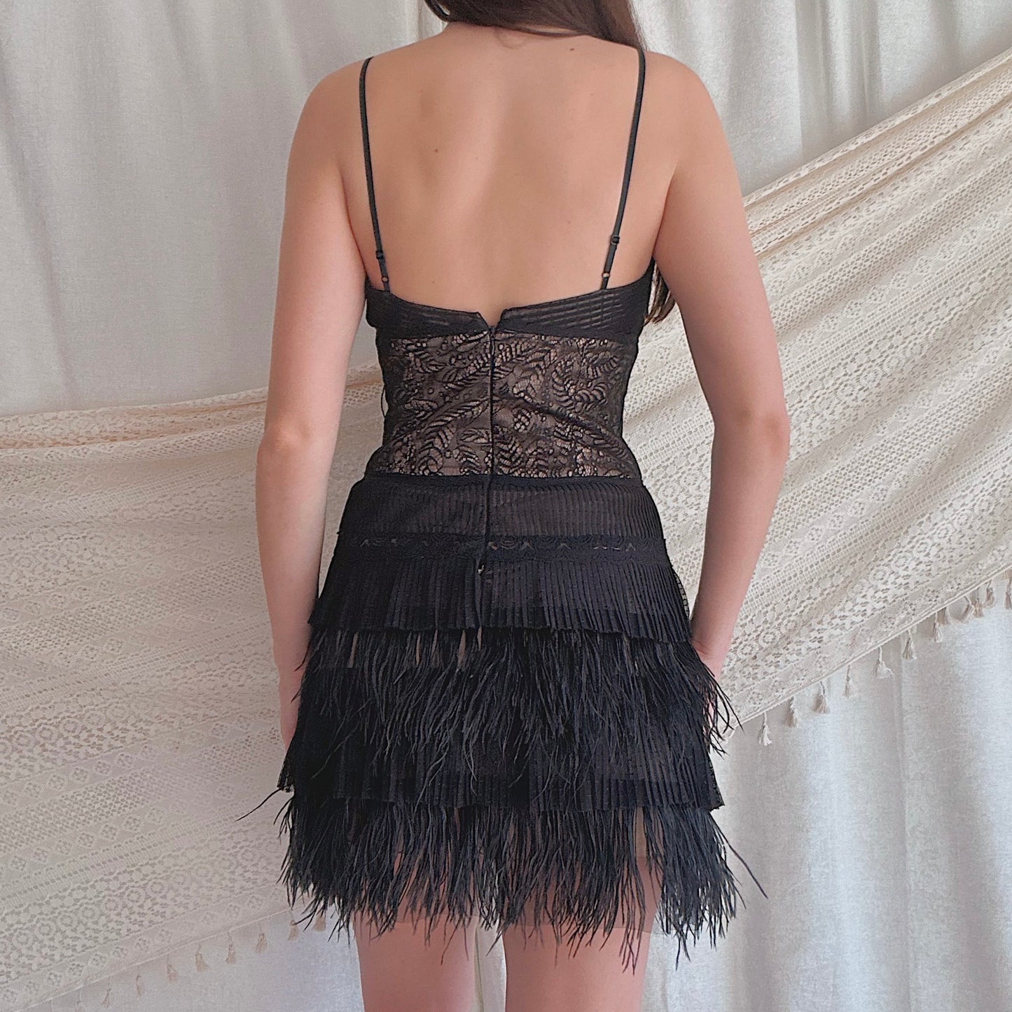 Y2K BCBGMaxAzria Black Feather Lace Dress / SZ 4