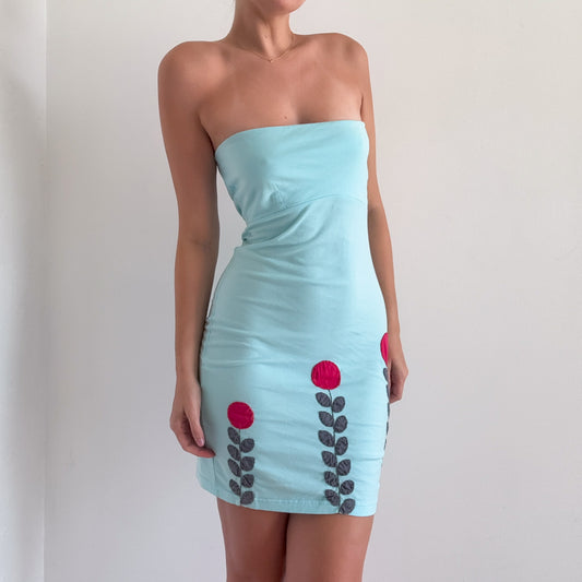 Y2K Aqua Flower Tube Mini Dress / SZ M