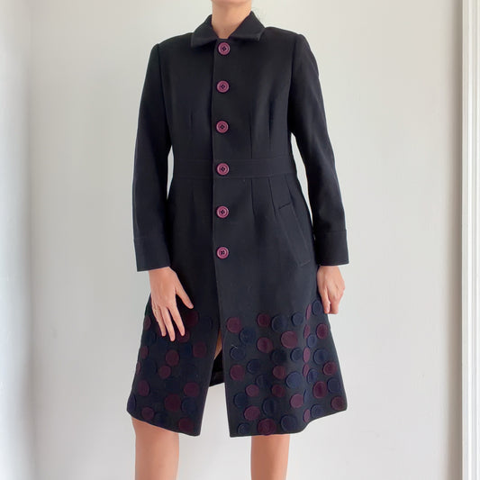 Y2K Black & Purple Polka Dot Wool Coat / SZ M/L