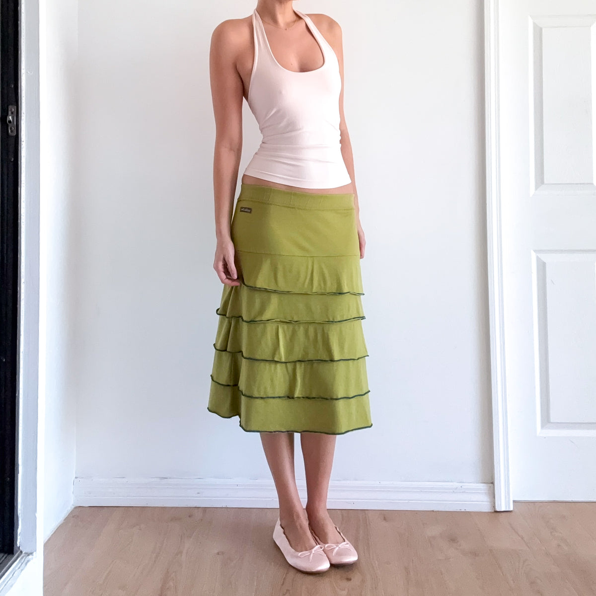 Y2K Avocado Green Tiered Midi Skirt / SZ M