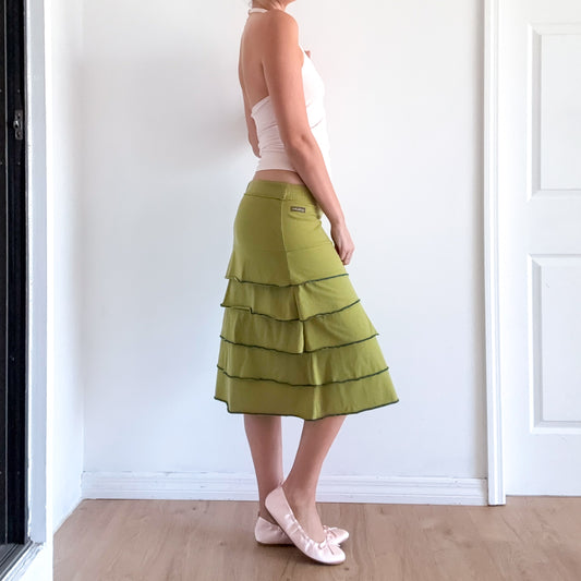 Y2K Avocado Green Tiered Midi Skirt / SZ M