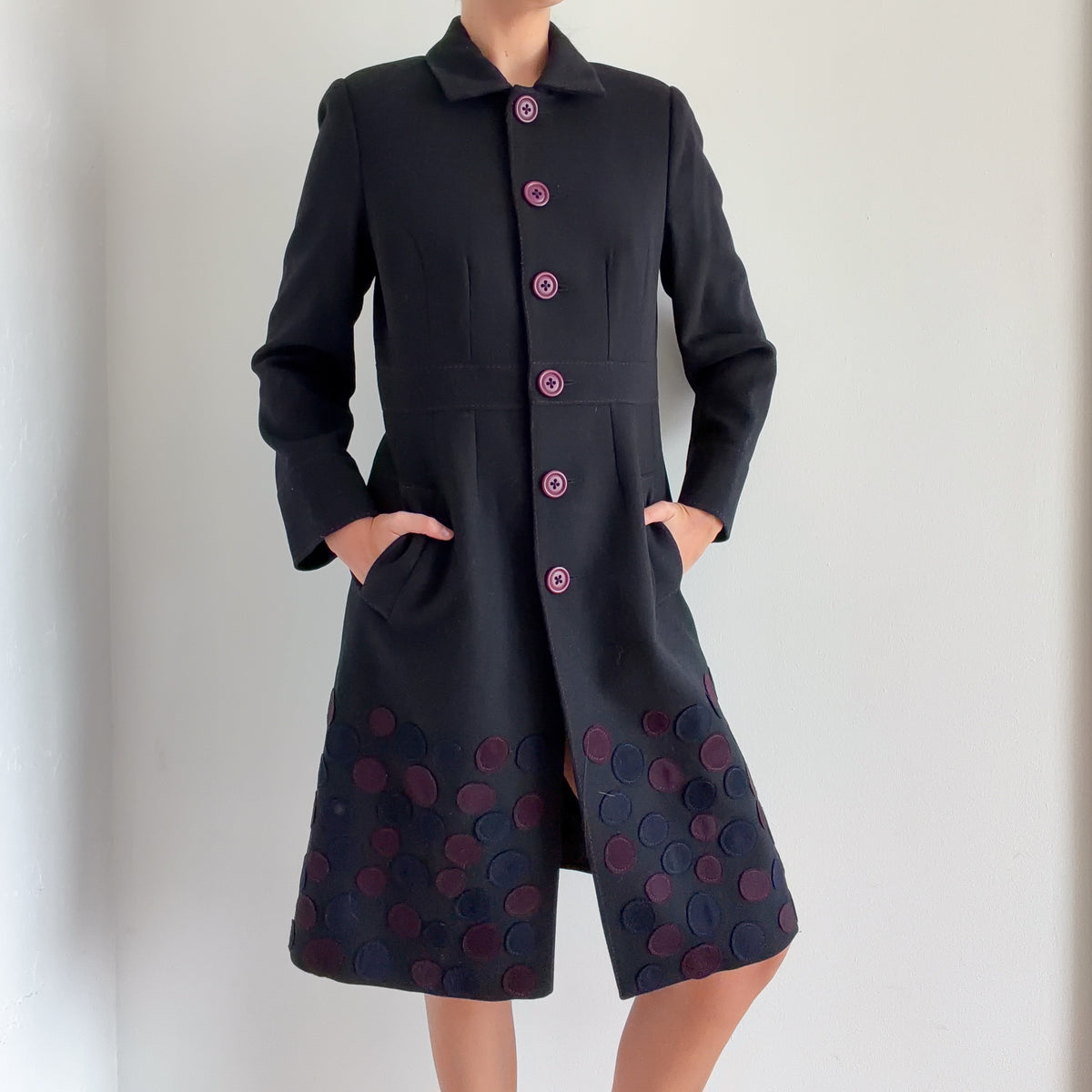 Y2K Black & Purple Polka Dot Wool Coat / SZ M/L