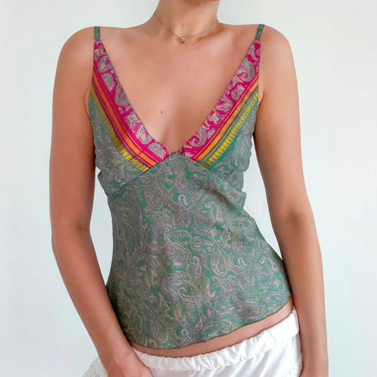 Y2K Green & Pink Paisley Silk Tank / SZ M