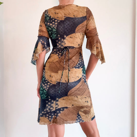 Y2K Tan & Navy Printed Mesh Dress / SZ S-M