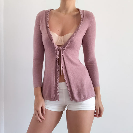 Y2K Dusty Mauve Knit Tie Cardigan / SZ XS-S