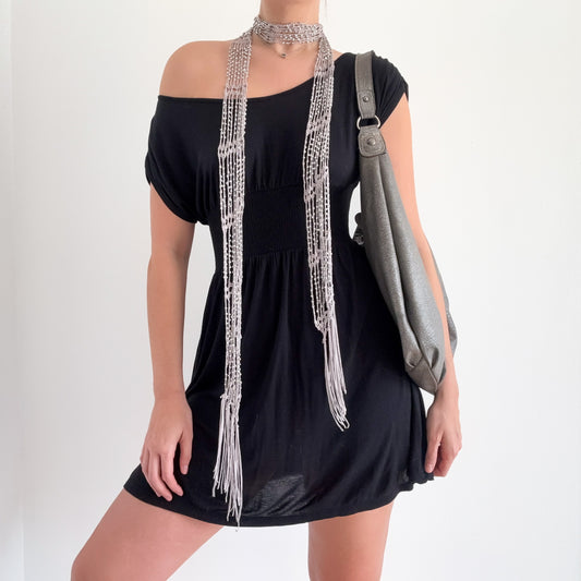 Y2K Grey Beaded Crochet Fringe Scarf