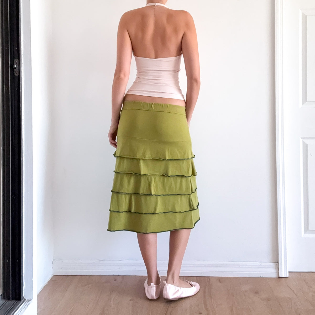Y2K Avocado Green Tiered Midi Skirt / SZ M