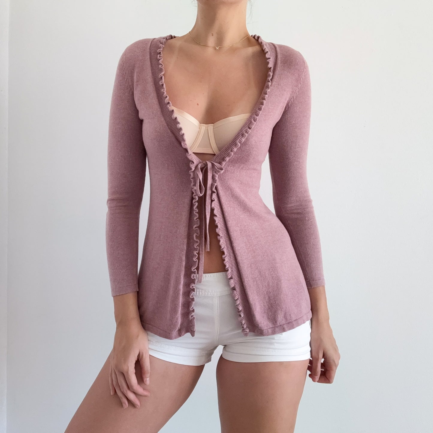 Y2K Dusty Mauve Knit Tie Cardigan / SZ XS-S