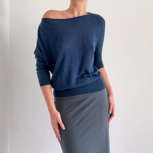 Y2K Prussian Blue Knit Dolman Sleeve Top / SZ S