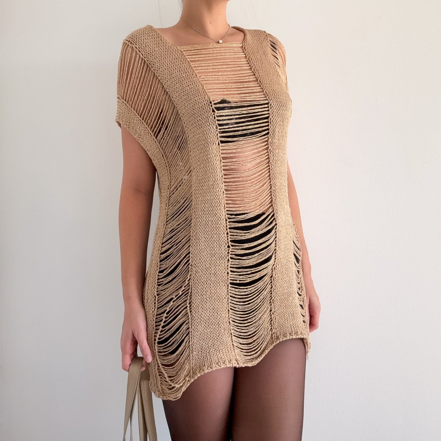 Y2K Gold Sparkle Knit Tunic Top / SZ S-L