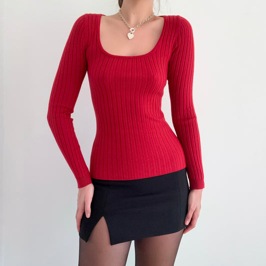 Chili Red Ribbed Knit Long Sleeve Top / SZ S-M