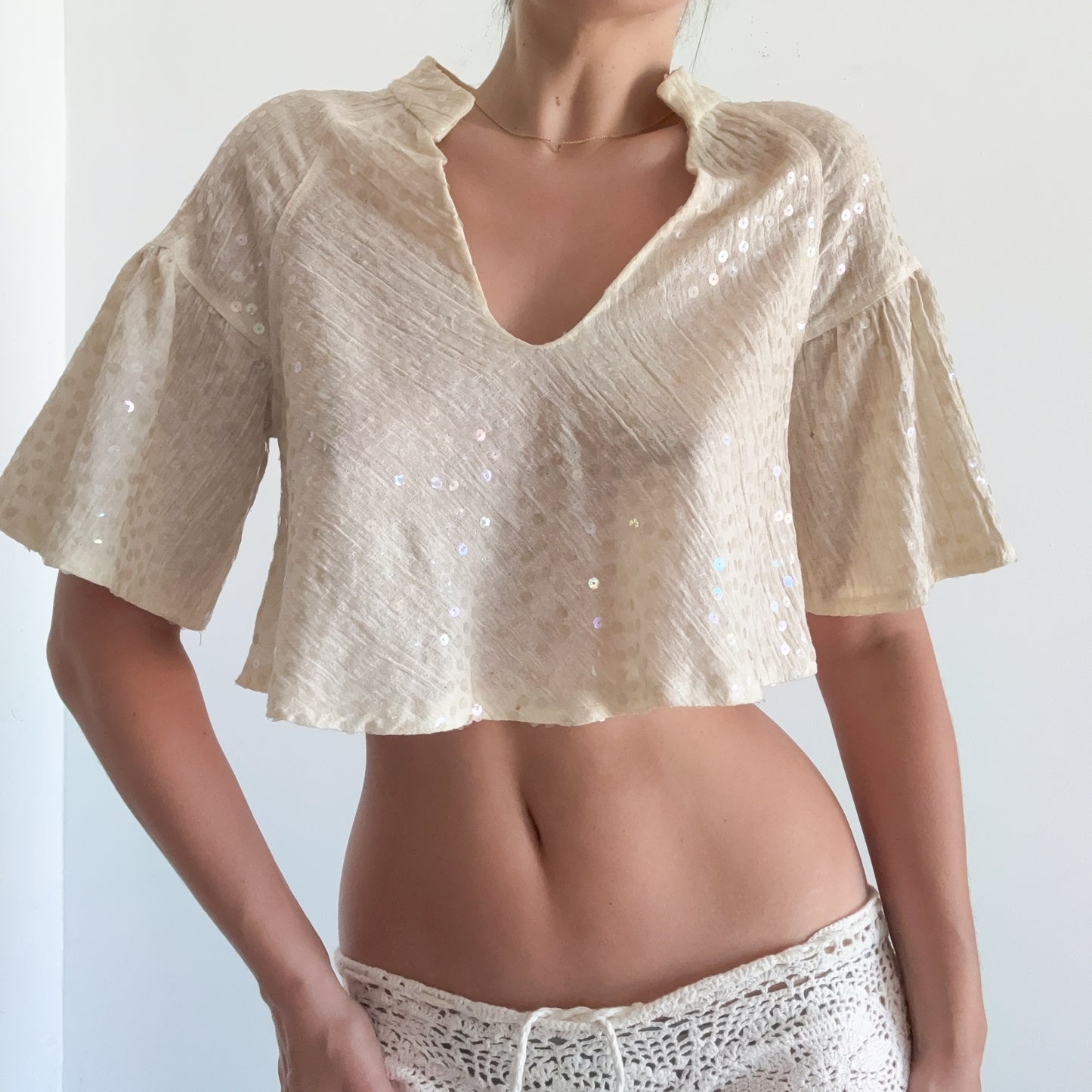 70's Cream Sequin Poncho Top / SZ M