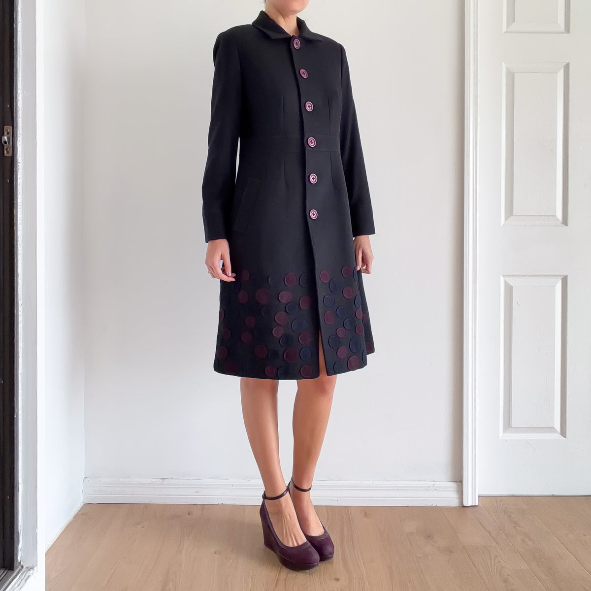 Y2K Black & Purple Polka Dot Wool Coat / SZ M/L