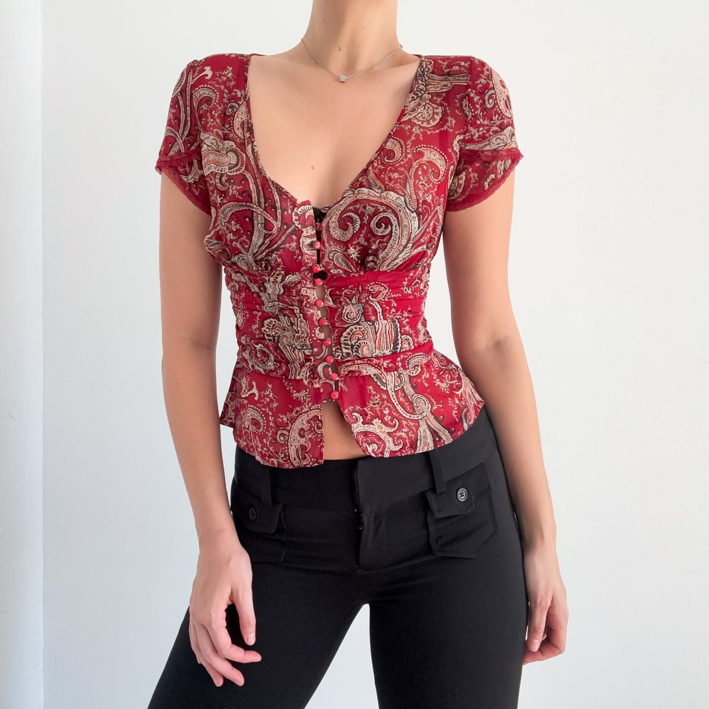 Y2K Burgundy Silk Paisley Blouse / SZ XS/S