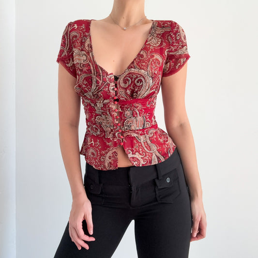Y2K Burgundy Silk Paisley Blouse / SZ XS/S
