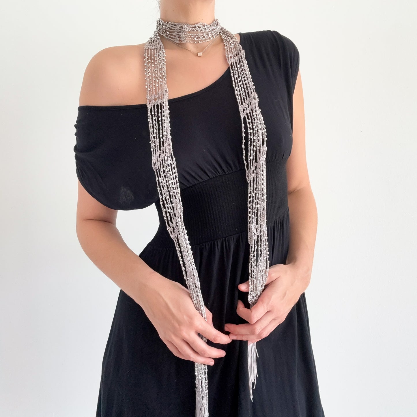 Y2K Grey Beaded Crochet Fringe Scarf