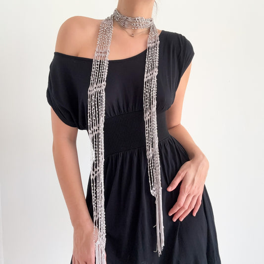 Y2K Grey Beaded Crochet Fringe Scarf