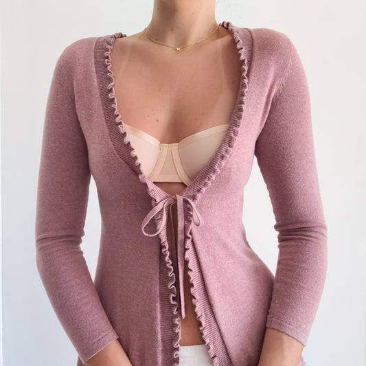 Y2K Dusty Mauve Knit Tie Cardigan / SZ XS-S