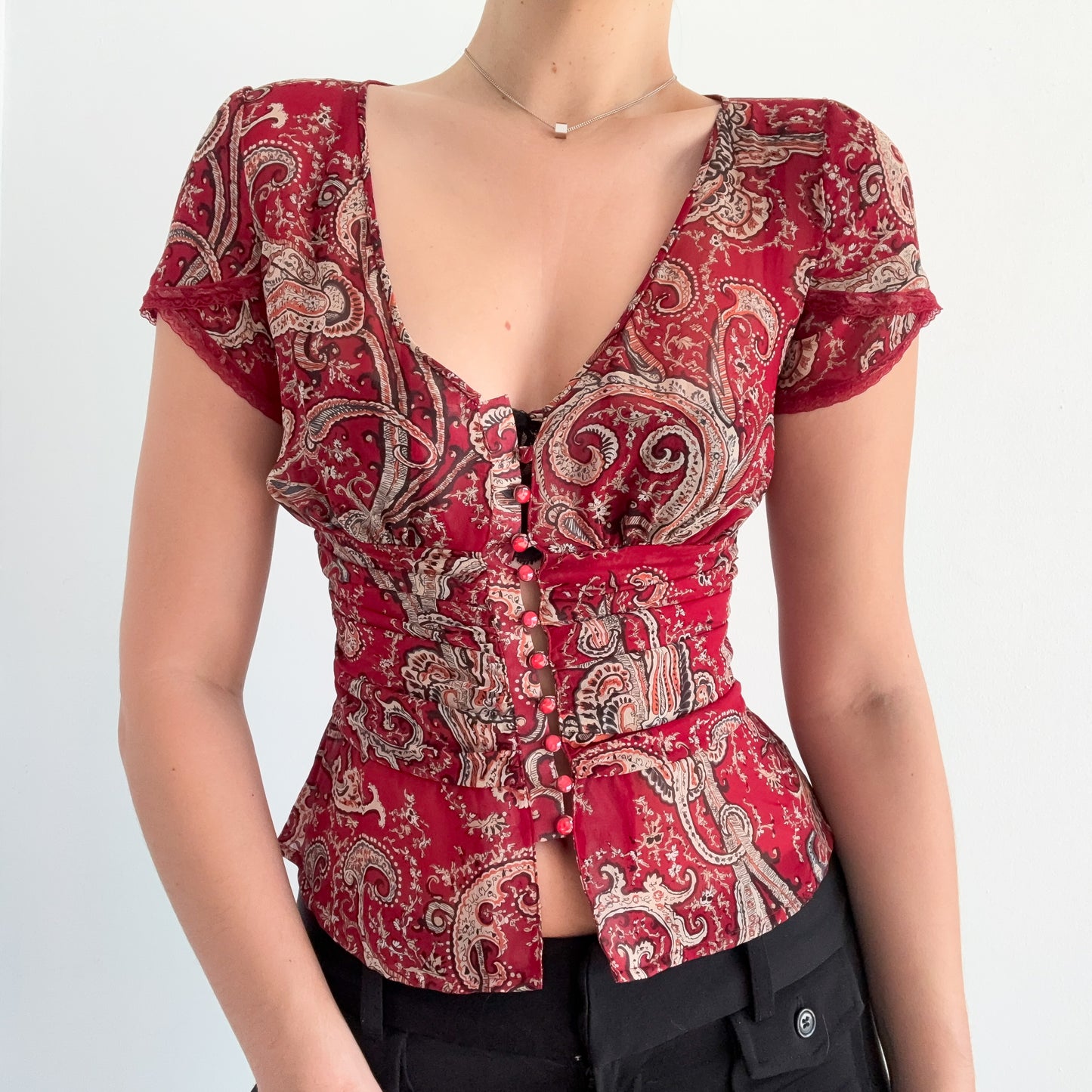 Y2K Burgundy Silk Paisley Blouse / SZ XS/S