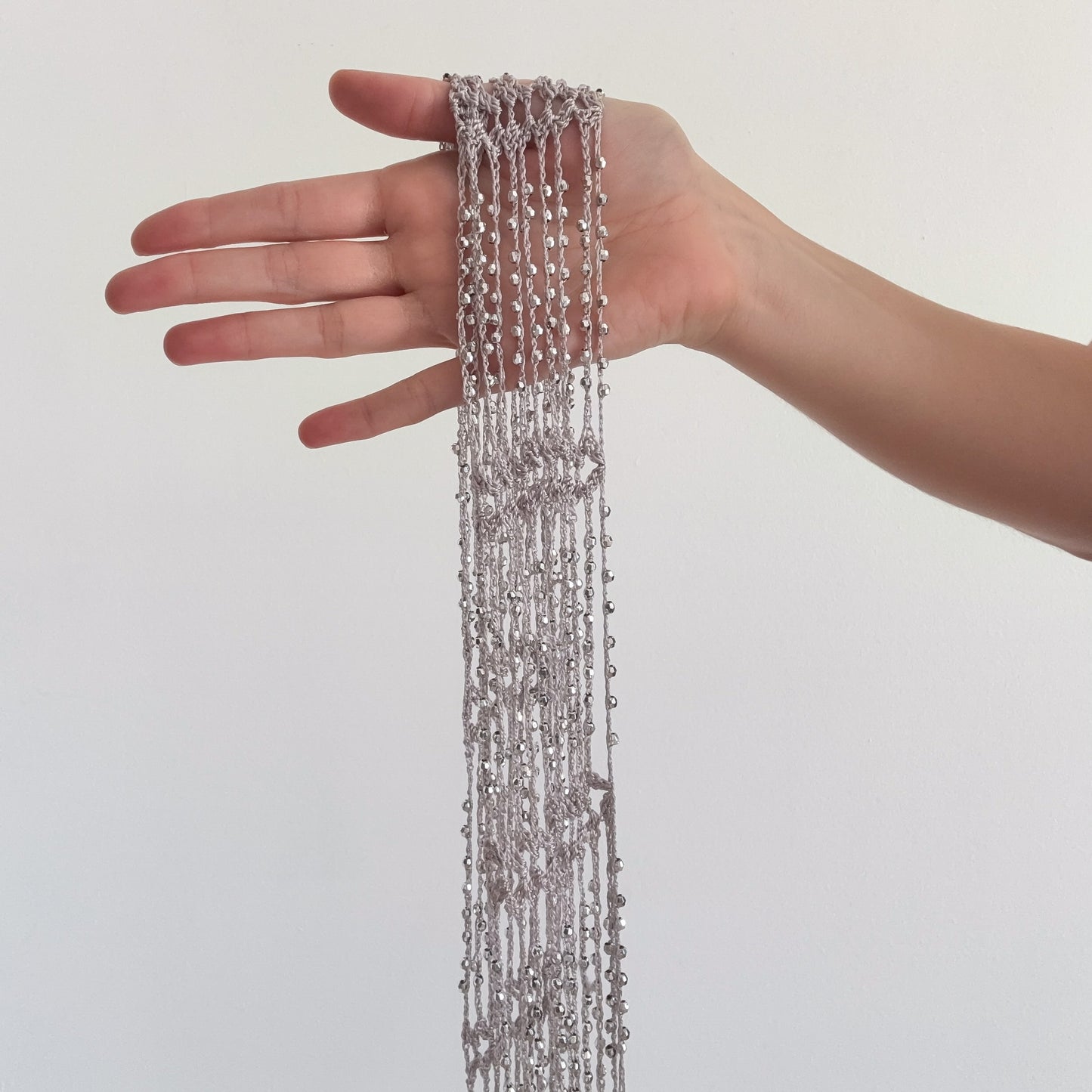 Y2K Grey Beaded Crochet Fringe Scarf