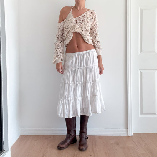 Y2K White Cotton Tiered Midi Skirt / SZ M-L
