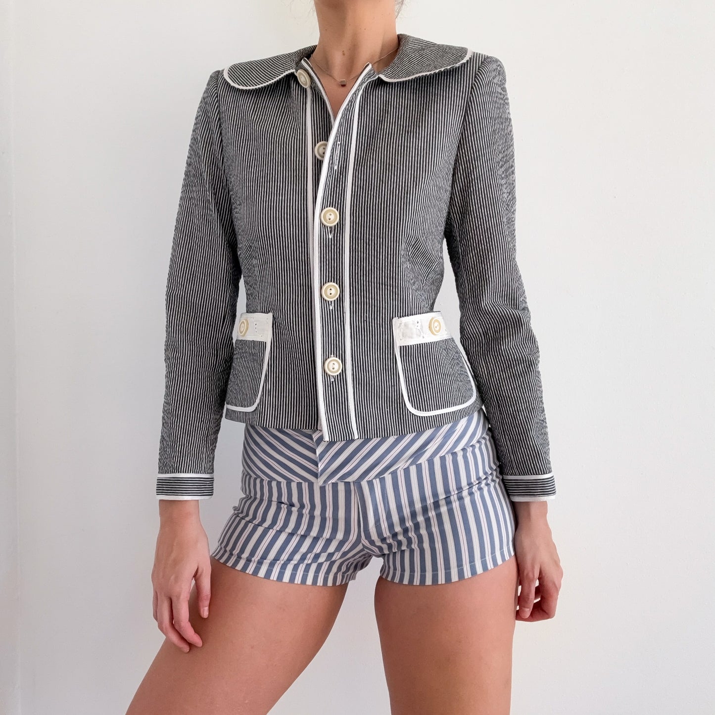 90's Blue Seersucker Eyelet Jacket / SZ S