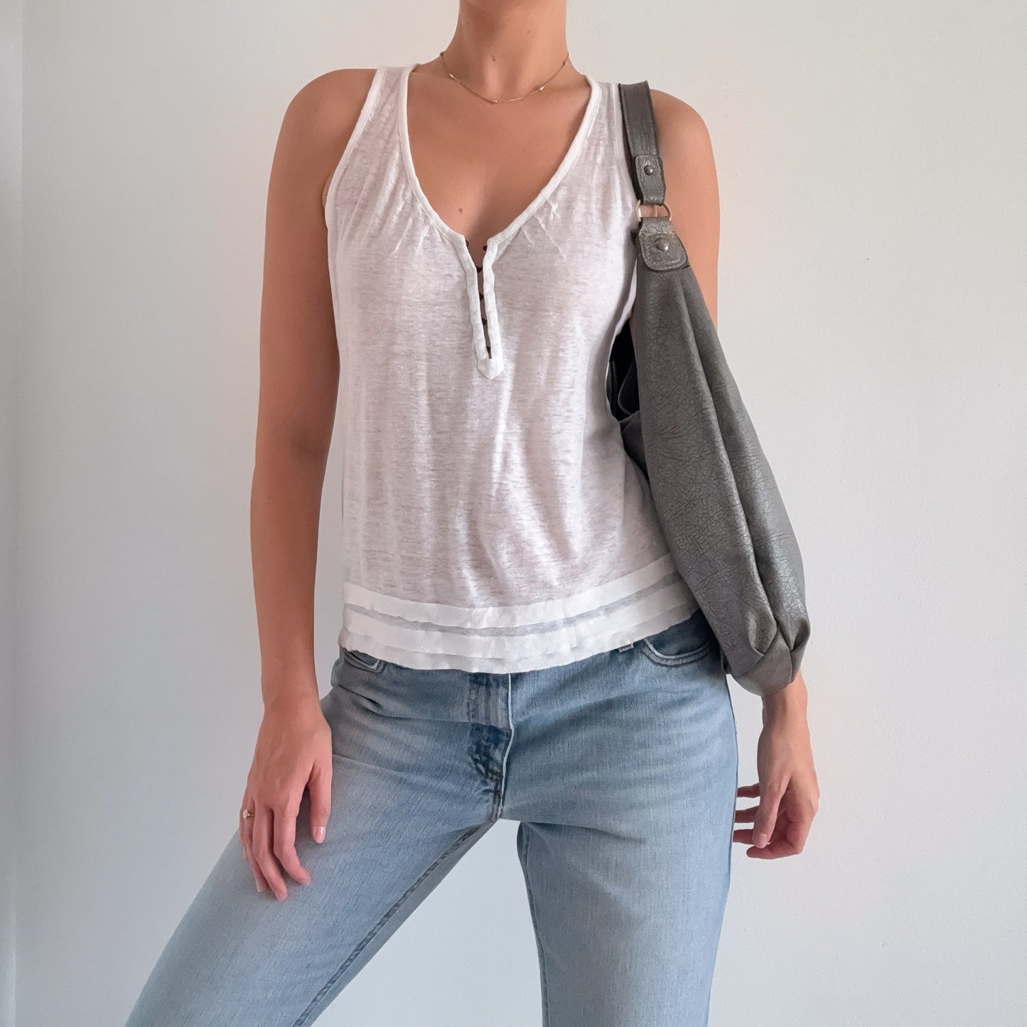 Y2K White Linen Flowy Top / SZ S