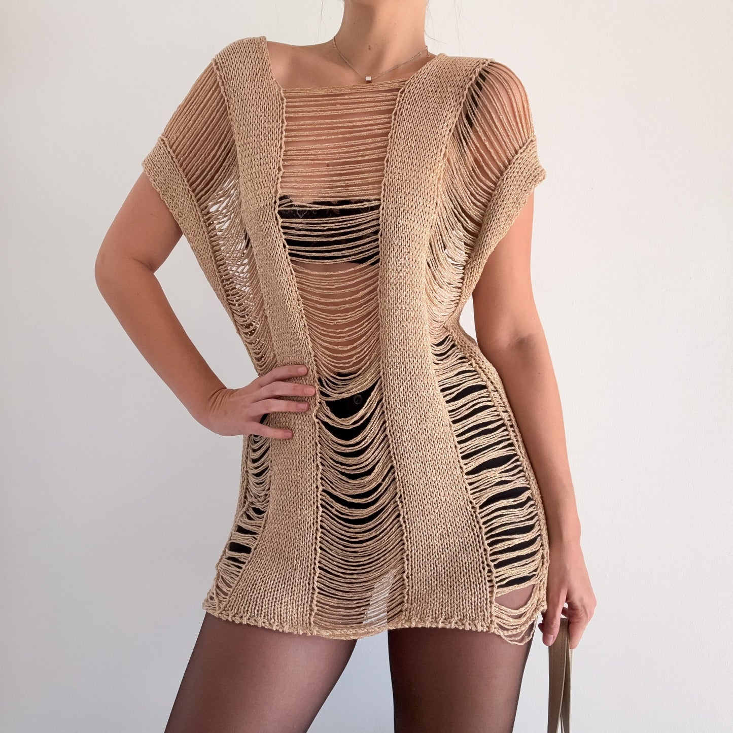 Y2K Gold Sparkle Knit Tunic Top / SZ S-L