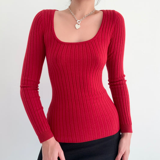 Chili Red Ribbed Knit Long Sleeve Top / SZ S-M