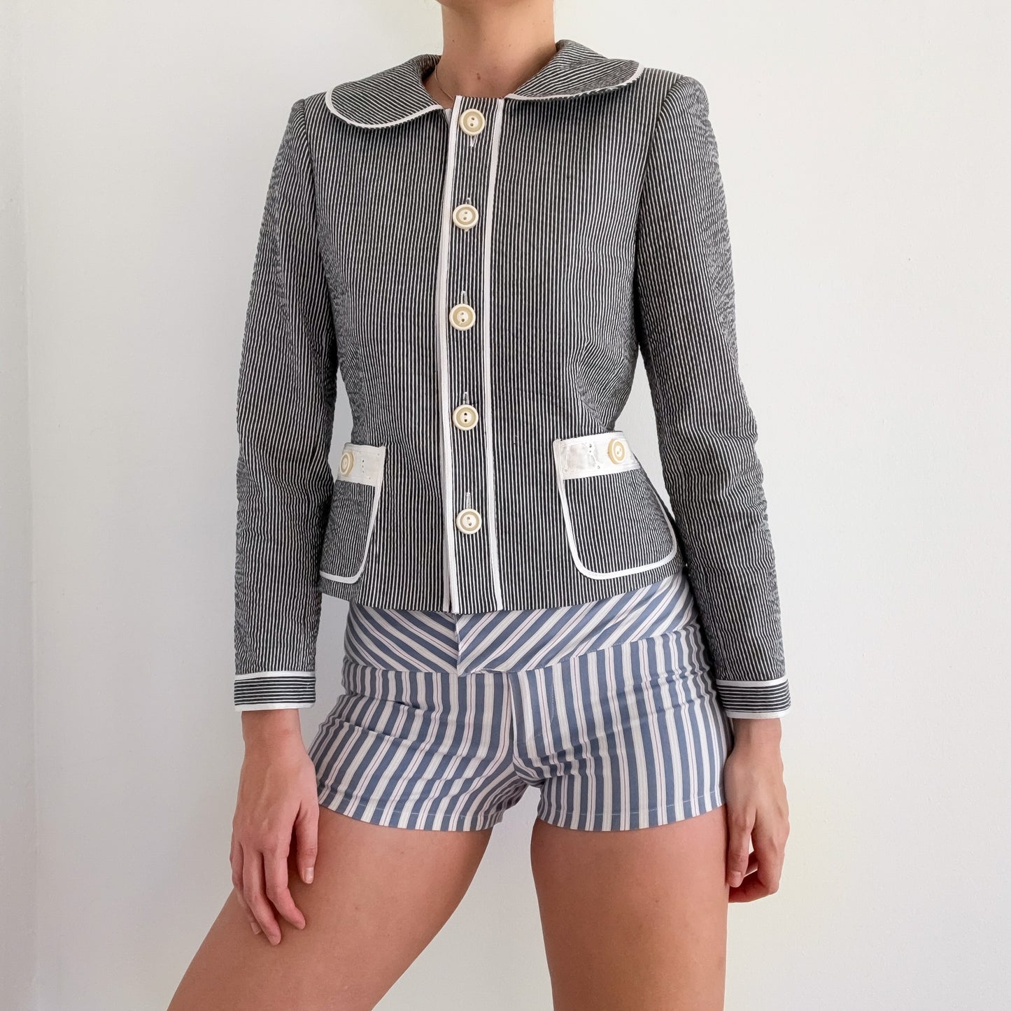 90's Blue Seersucker Eyelet Jacket / SZ S