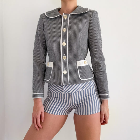 90's Blue Seersucker Eyelet Jacket / SZ S