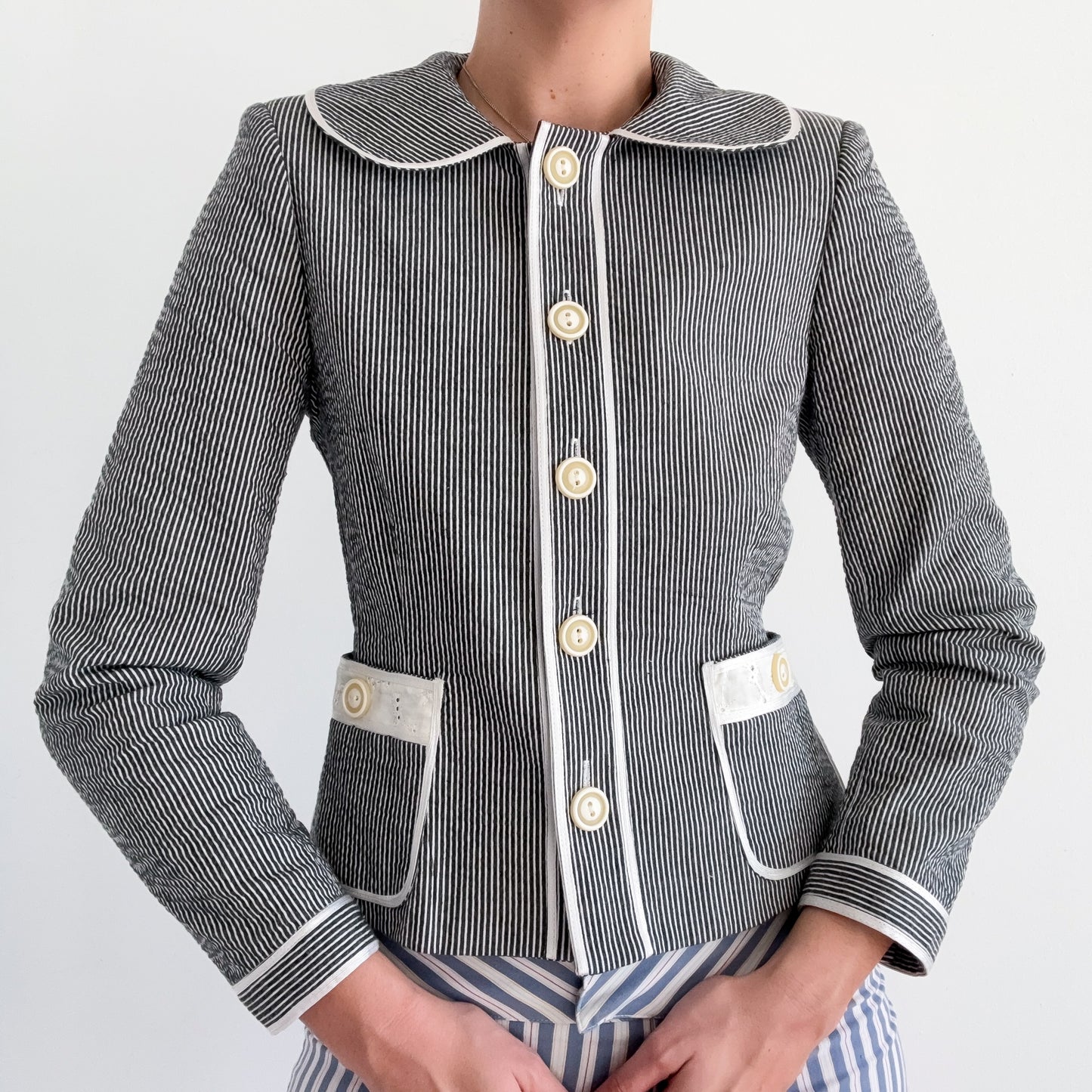 90's Blue Seersucker Eyelet Jacket / SZ S