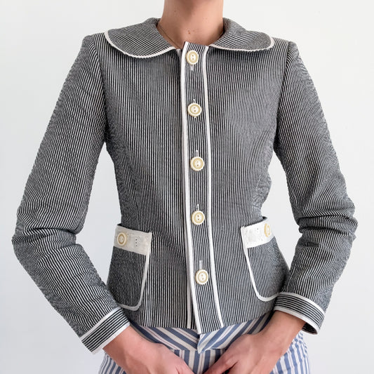 90's Blue Seersucker Eyelet Jacket / SZ S