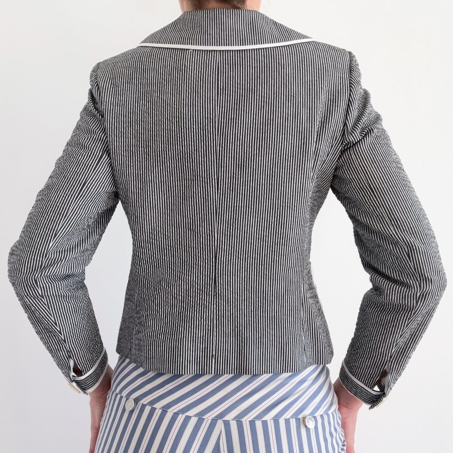 90's Blue Seersucker Eyelet Jacket / SZ S