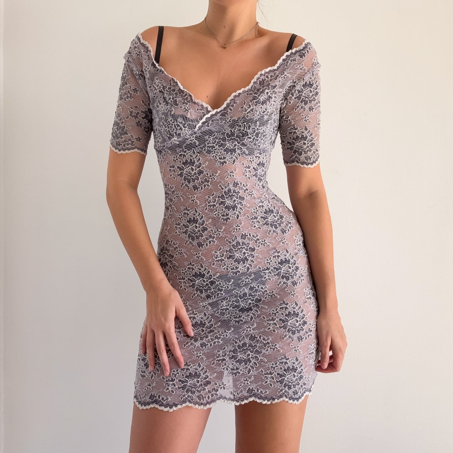 Y2K Lavender Floral Stretch Lace Dress / SZ S