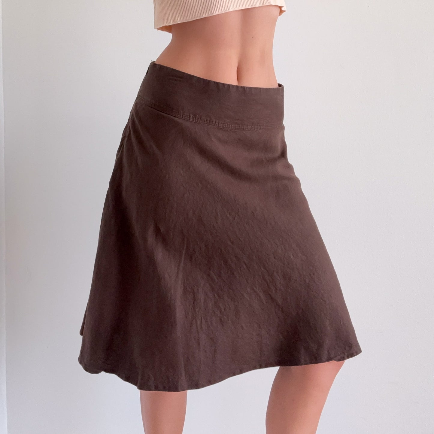 Y2K Brown Linen Midi Skirt / SZ 2-6