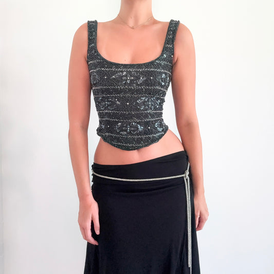 Y2K Grey Silk Beaded Corset Top / SZ 4