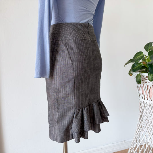 Y2K Grey Pinstripe Ruffle Pencil Skirt / SZ 0