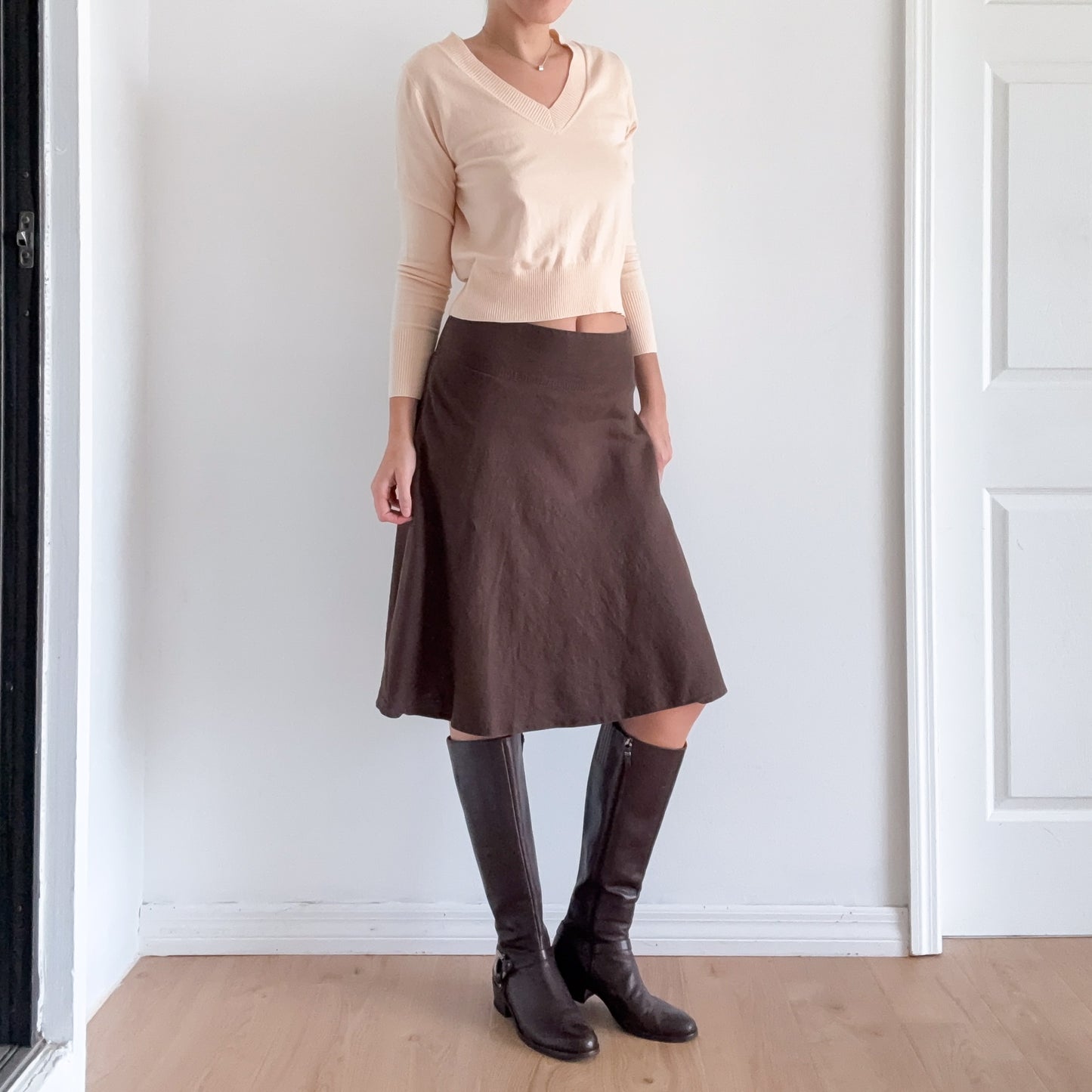 Y2K Brown Linen Midi Skirt / SZ 2-6