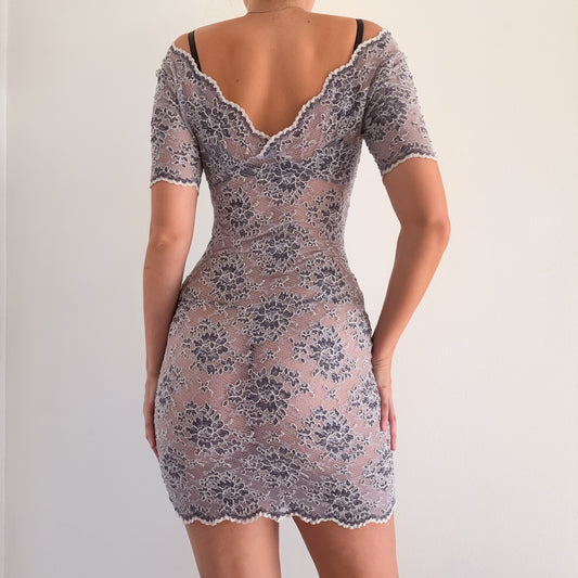 Y2K Lavender Floral Stretch Lace Dress / SZ S